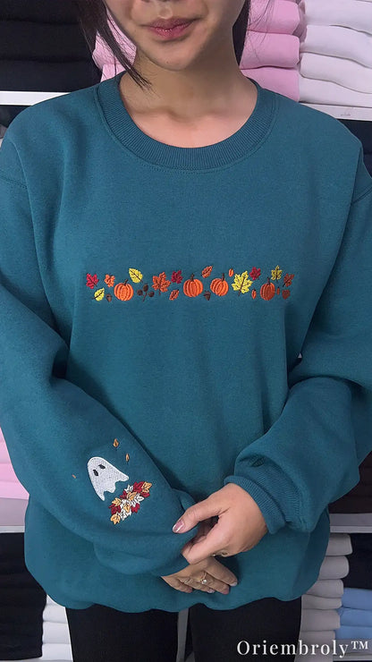 Autumn Harvest Embroidered Sweatshirt – Pumpkin Patch Ghost Fleece Crewneck