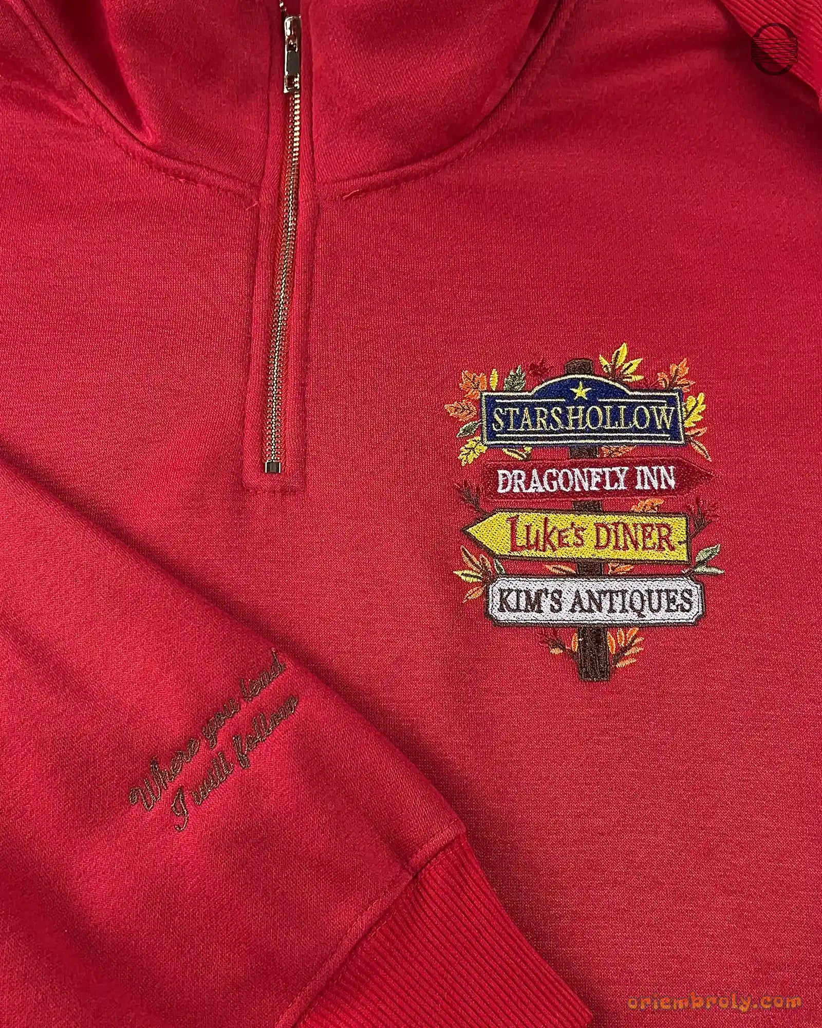 Stars Hollow Directional Signpost Embroidered Red and Black Crewneck Sweatshirt