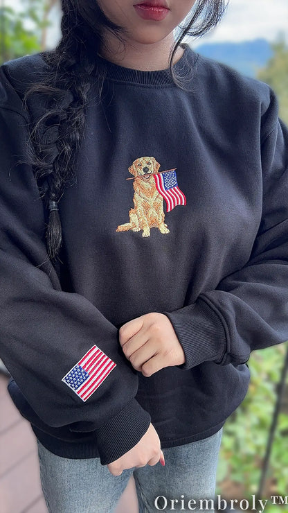 Golden Retriever American Flag Embroidered Sweatshirt – Patriotic Vintage Crewneck