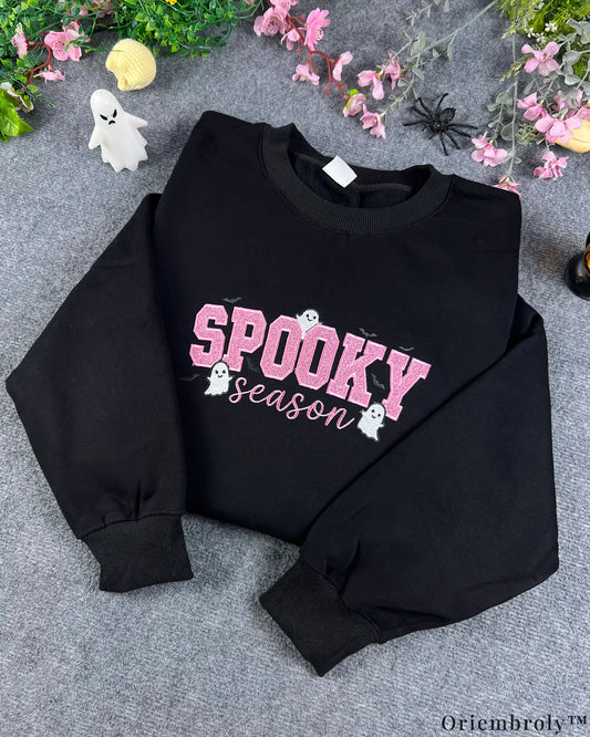 Spooky Season Pink Glitter Ghost Embroidered Black Crewneck Sweatshirt
