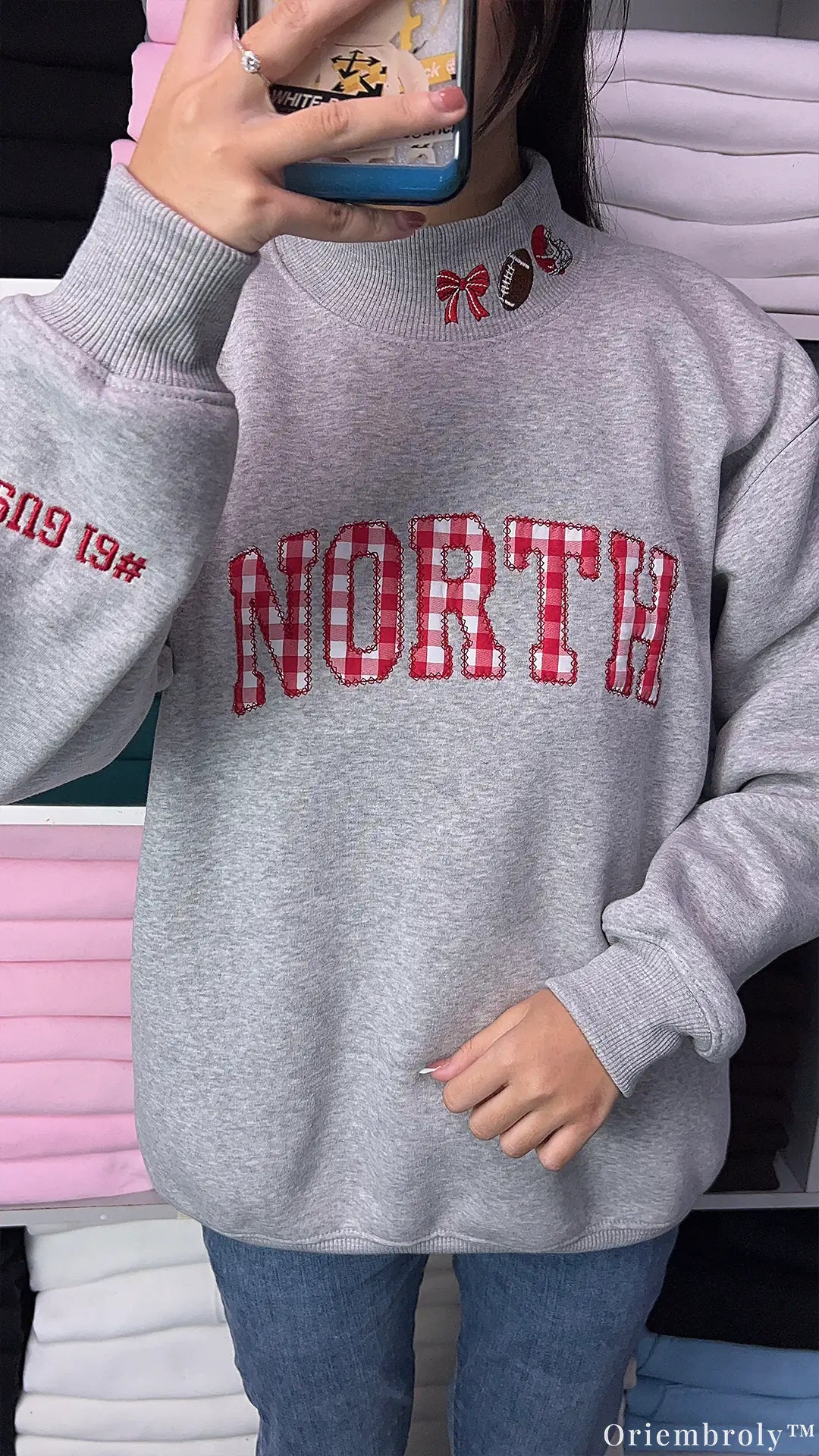 Custom Gingham Plaid Applique Football Embroidered Light Grey Mock Neck Sweatshirt
