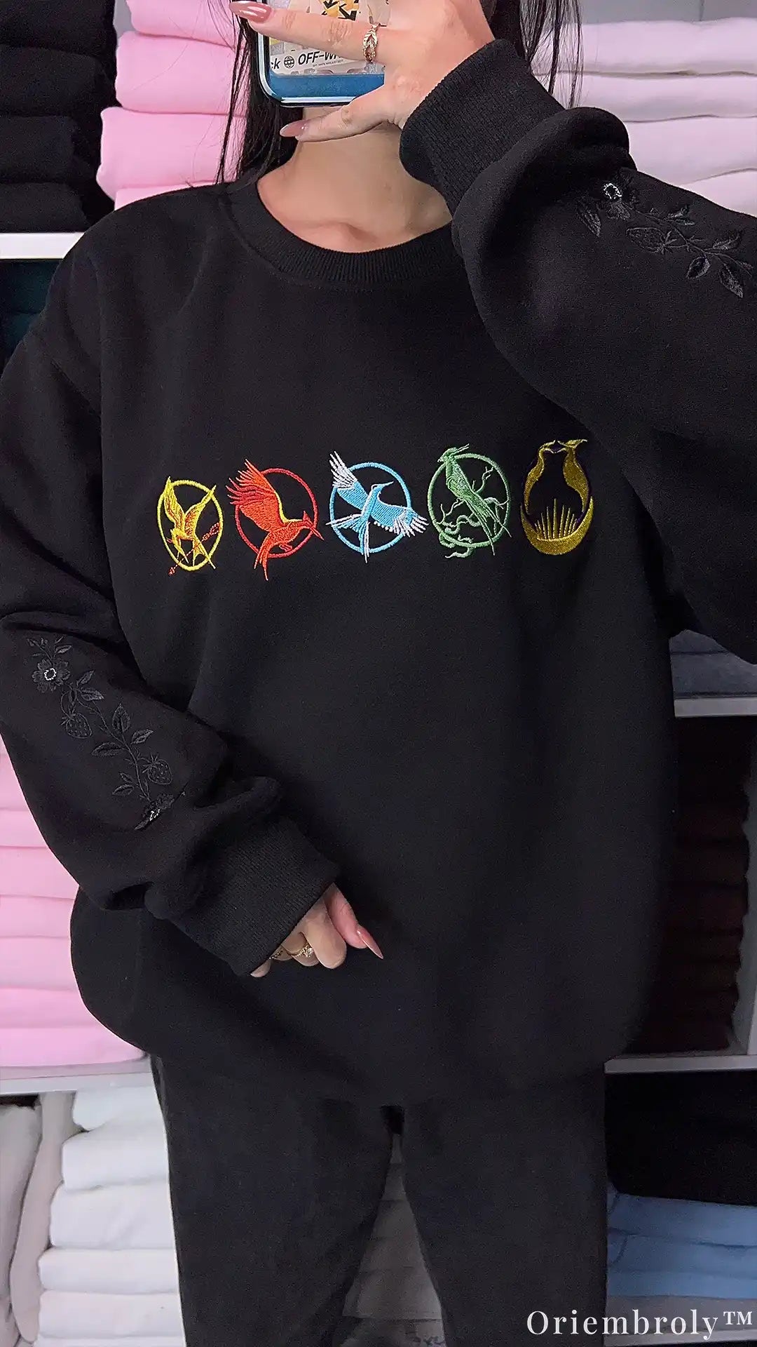 Dark Fantasy Mockingjay Emblem Embroidered Black Crewneck Sweatshirt