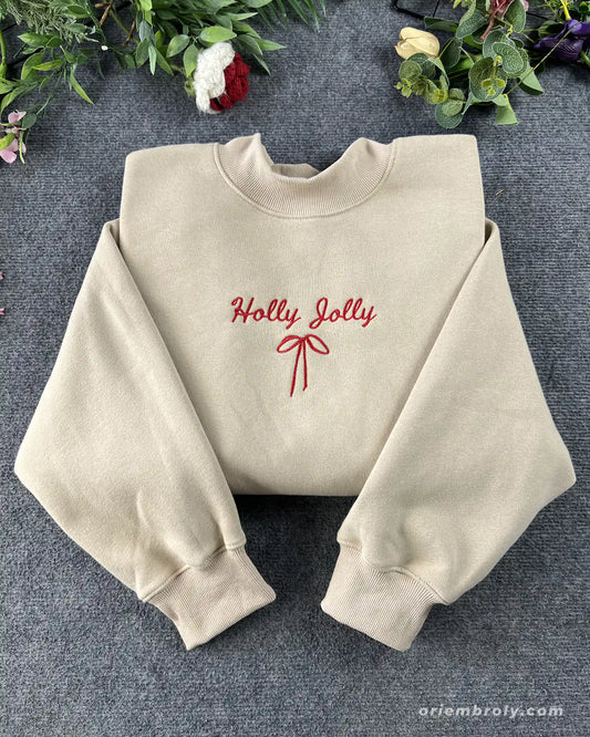 Holly Jolly Minimal White Script Ribbon Bow Embroidered Mock-Neck Sweatshirt