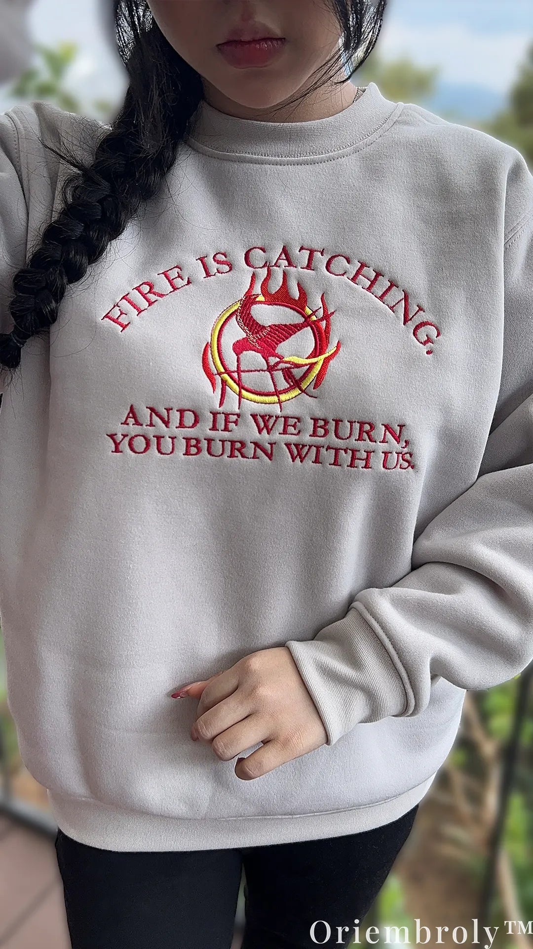 Fire Is Catching Quote Embroidered Sweatshirt