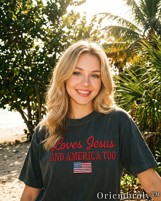 Loves Jesus and America Too Embroidered Tee – Vintage Americana Crewneck