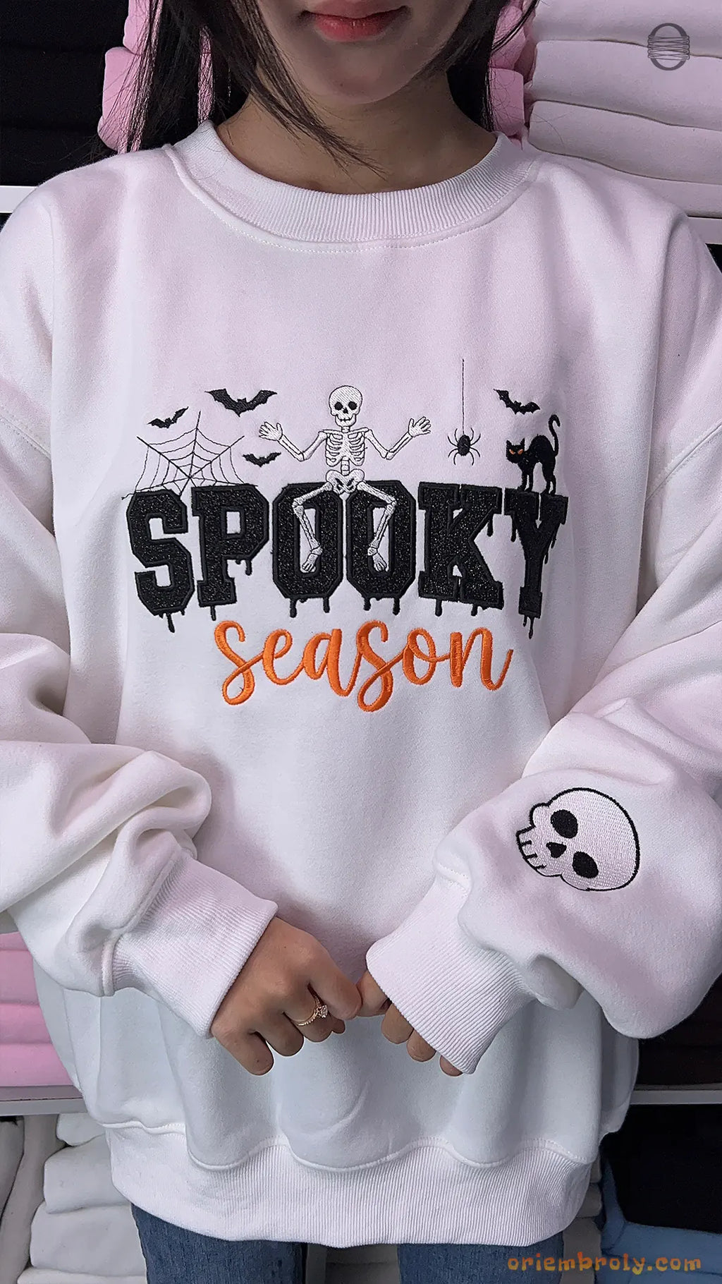 Spooky Season Skeleton Black Cat Embroidered White Crewneck Sweatshirt