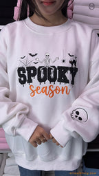 Spooky Season Skeleton Black Cat Embroidered White Crewneck Sweatshirt