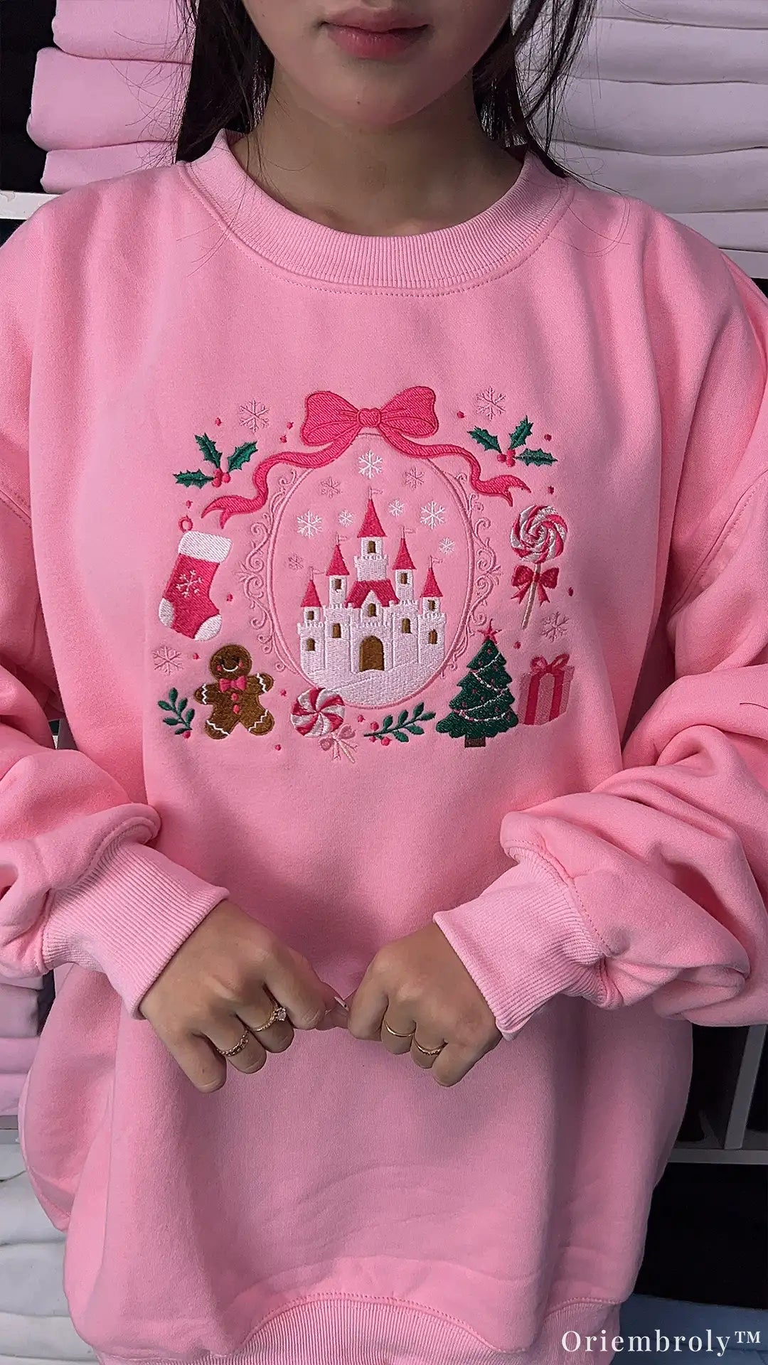 Fairytale Castle Pink Bow Ribbon Gingerbread Embroidered Sweatshirt