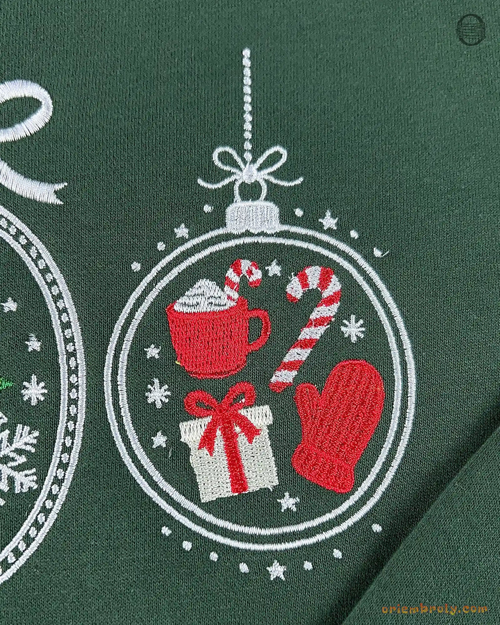 Merry Bright Christmas Baubles Ornaments Embroidered Forest Green Crewneck Sweatshirt