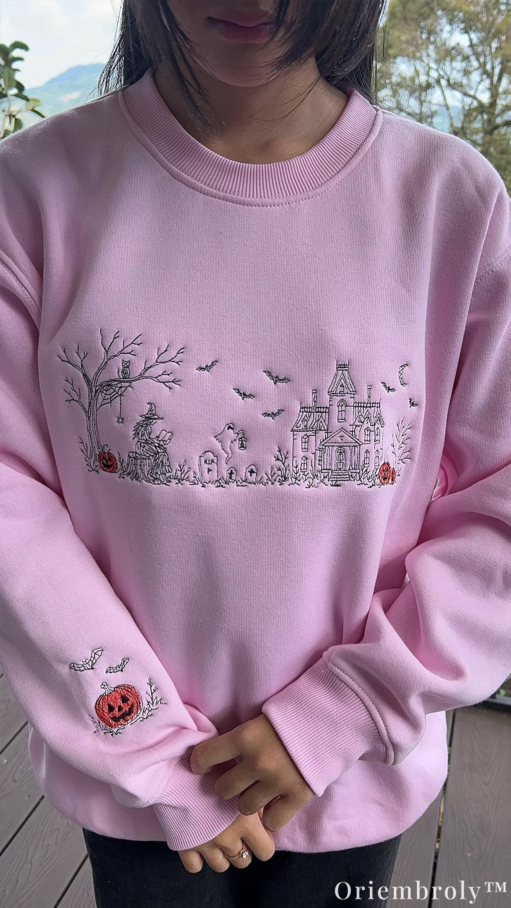Halloween Village Embroidered Sweatshirt – Witch & Pumpkin Crewneck