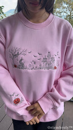 Halloween Village Embroidered Sweatshirt – Witch & Pumpkin Crewneck