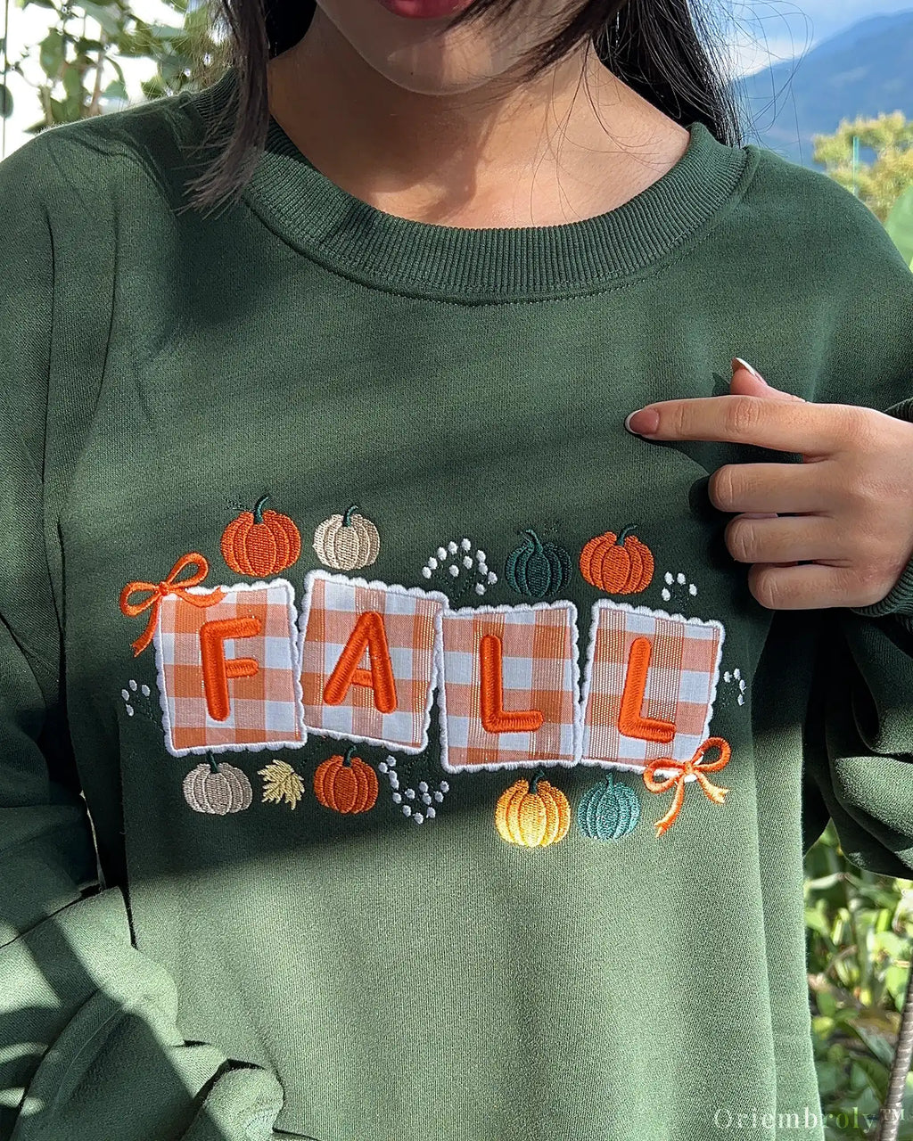 Fall Pumpkin Gingham Embroidered Crewneck Sweatshirt, Cozy Autumn Appliqué Design
