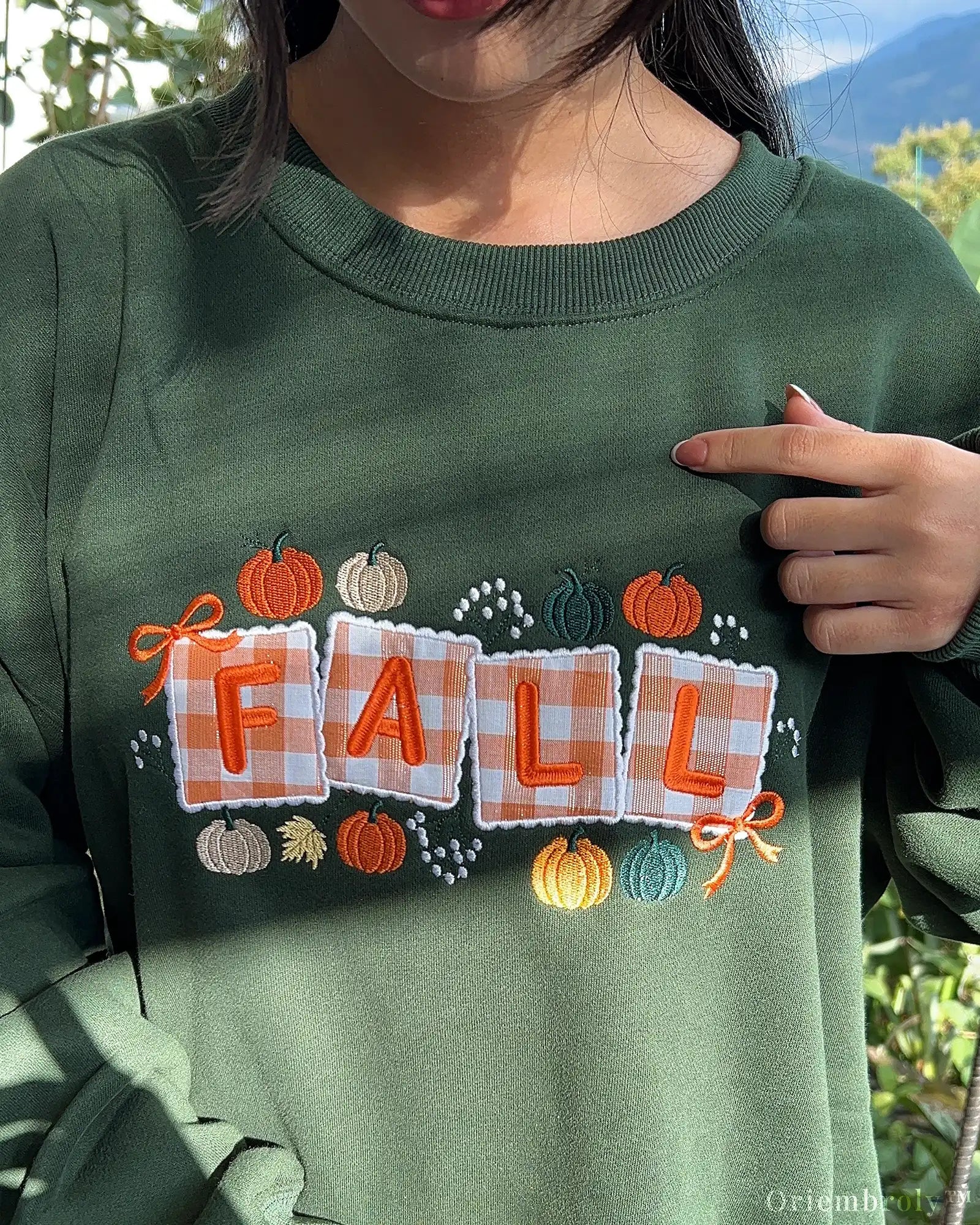 Fall Pumpkin Gingham Embroidered Crewneck Sweatshirt, Cozy Autumn Appliqué Design