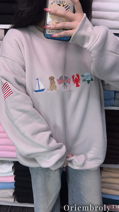 New England Coastal Embroidered Sweatshirt – Vintage Old Money Crewneck