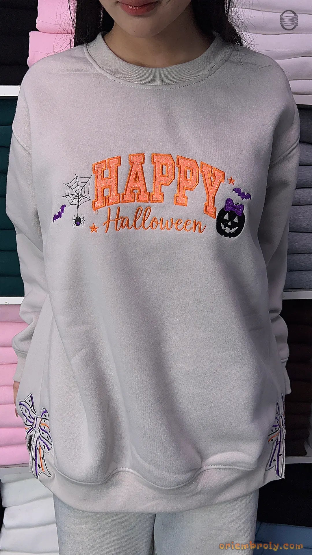 Happy Halloween Bows Embroidered Sand Crewneck Sweatshirt