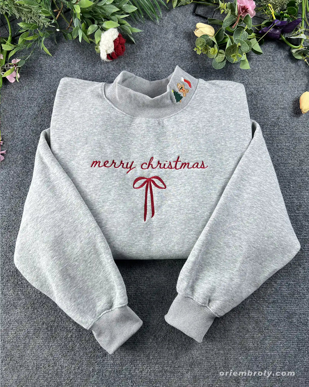 Merry Christmas Ribbon Bow Embroidered Mock-Neck Sweatshirt