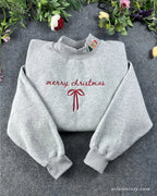 Merry Christmas Ribbon Bow Embroidered Mock-Neck Sweatshirt