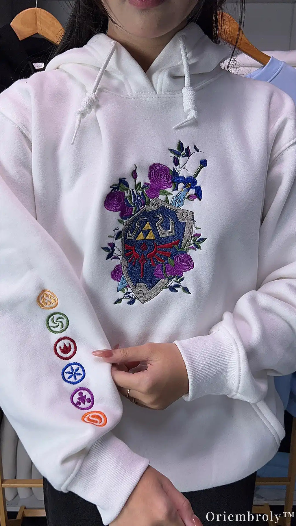 Fantasy Crest Floral Sword Embroidered Pullover Hoodie