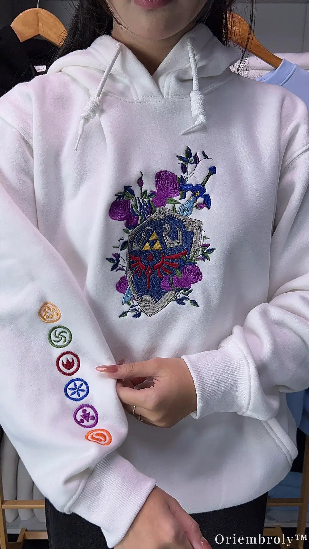 Fantasy Crest Floral Sword Embroidered Pullover Hoodie