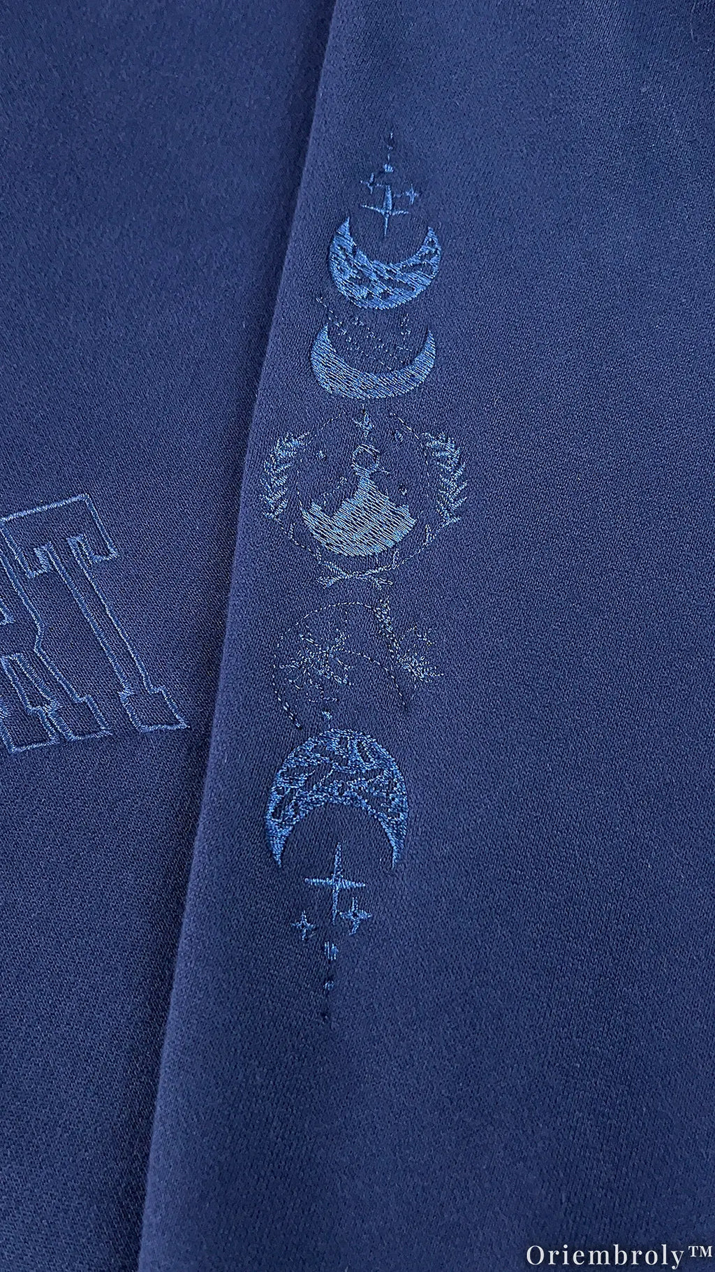 Tone-on-Tone Embroidered Quarter Zip Sweatshirt, Matching Crest & Moon Sleeve Detail, Fantasy Inspired Pullover