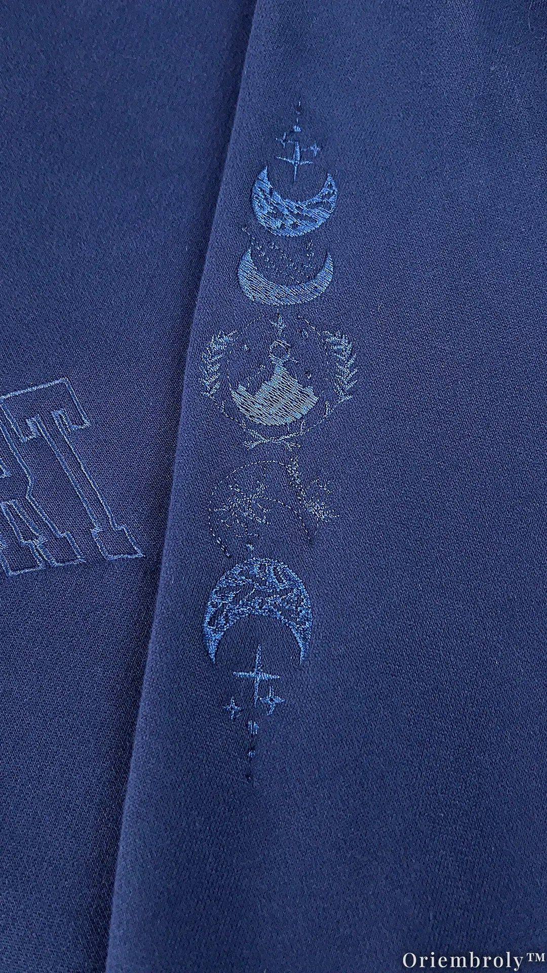 Tone-on-Tone Embroidered Quarter Zip Sweatshirt, Matching Crest & Moon Sleeve Detail, Fantasy Inspired Pullover