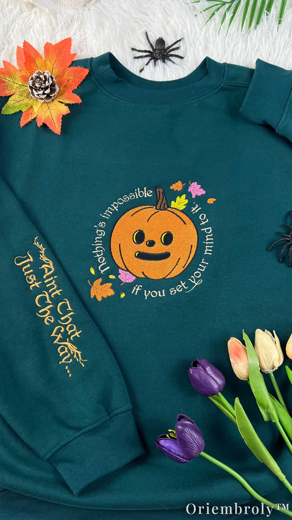 Embroidered Autumn Pumpkin Crewneck Sweatshirt – Cozy Woodland Fall Aesthetic Unisex Fleece Pullover