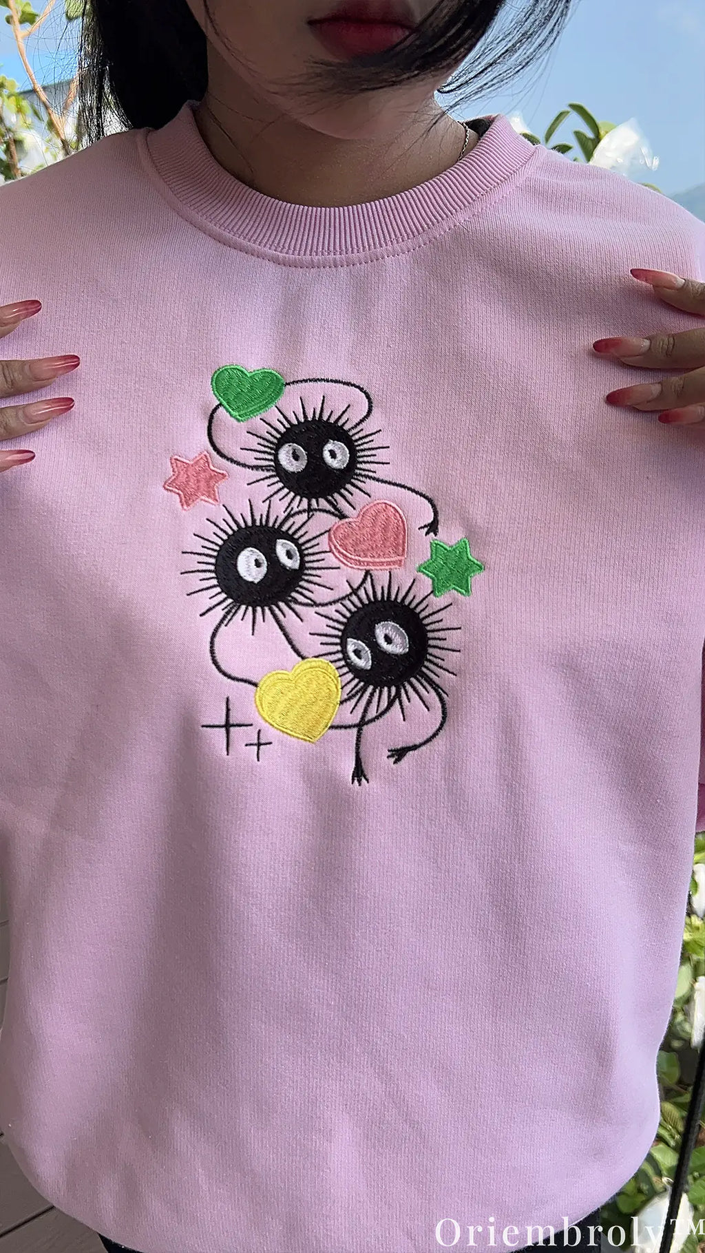 Studio Ghibli Soot Sprite Embroidered Sweatshirt – Cute Anime Crewneck Pink