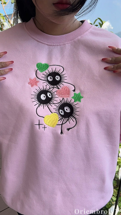 Studio Ghibli Soot Sprite Embroidered Sweatshirt – Cute Anime Crewneck Pink