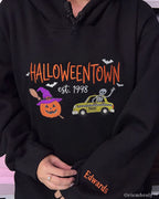 Personalized Halloween Embroidered Hoodie with Spooky Skeleton Taxi & Custom Name