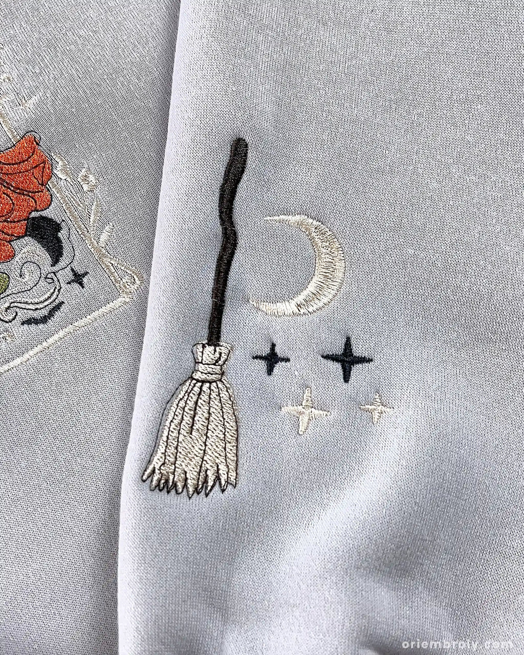 Halloween Embroidered Crewneck Sweatshirt Vintage Witch-Inspired Chest & Sleeve Design Unisex Oversized Pullover