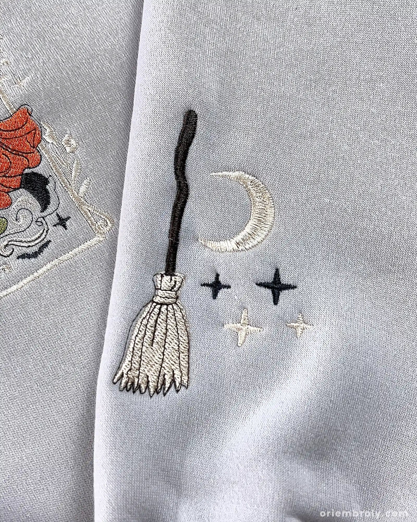 Halloween Embroidered Crewneck Sweatshirt Vintage Witch-Inspired Chest & Sleeve Design Unisex Oversized Pullover