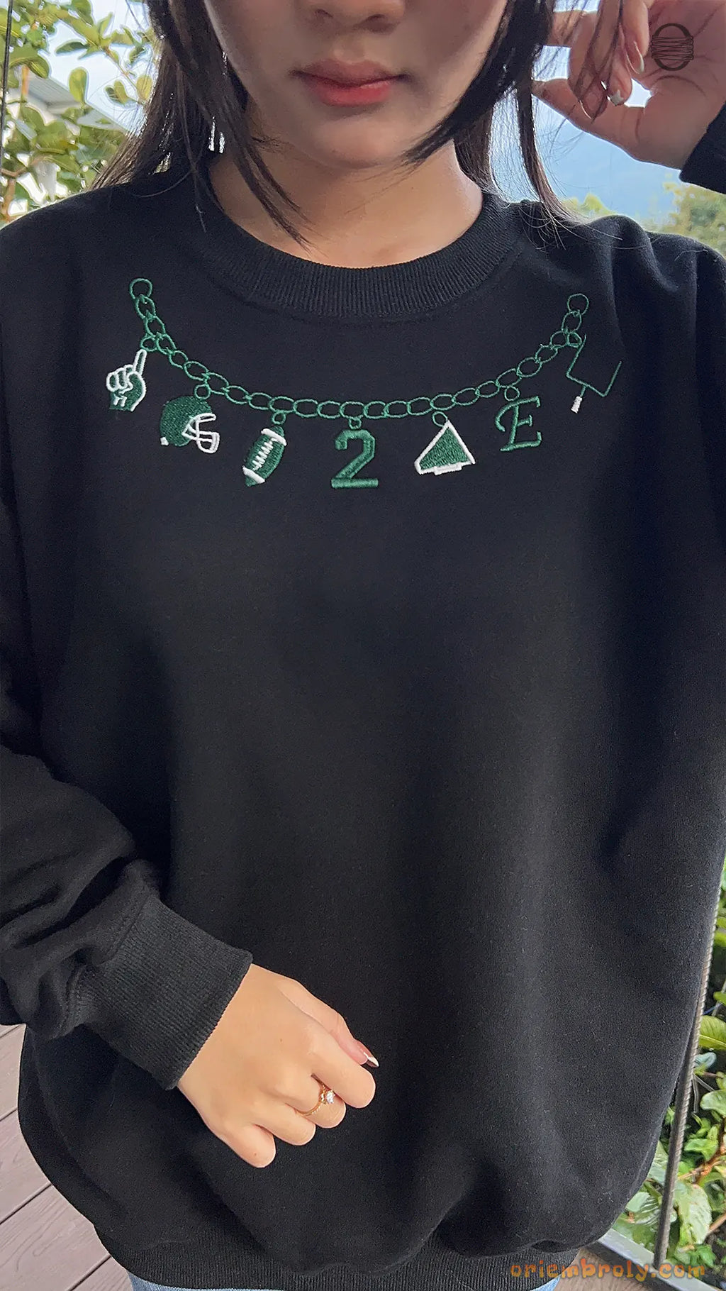 Sports Charm Necklace Draped Embroidered Solid Black Crewneck Sweatshirt