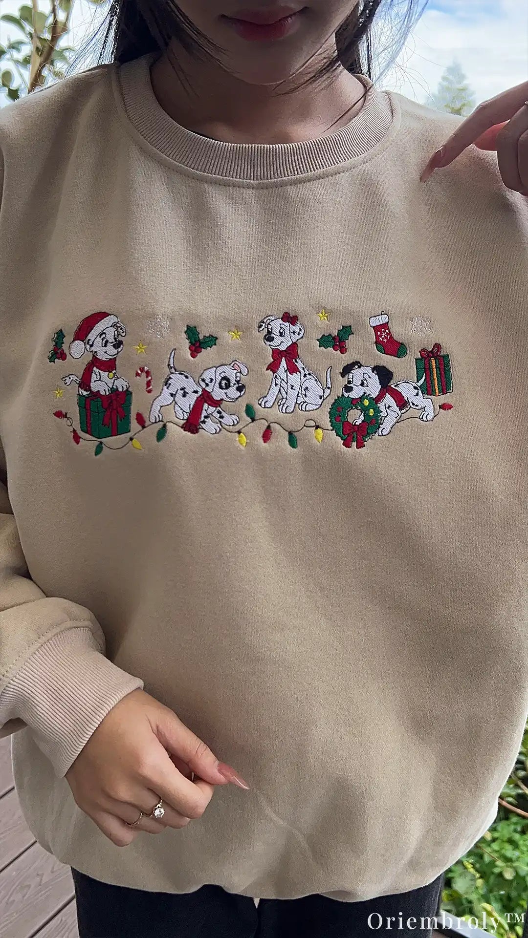 Festive Dalmatian Puppies Santa Hats Christmas Embroidered Crewneck Sweatshirt