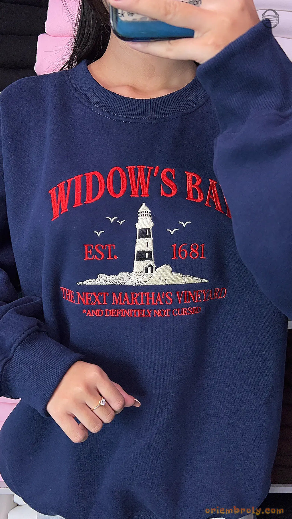 Widow's Bay Lighthouse Cursed Coastal Mystery Embroidered Navy Sweatshirt