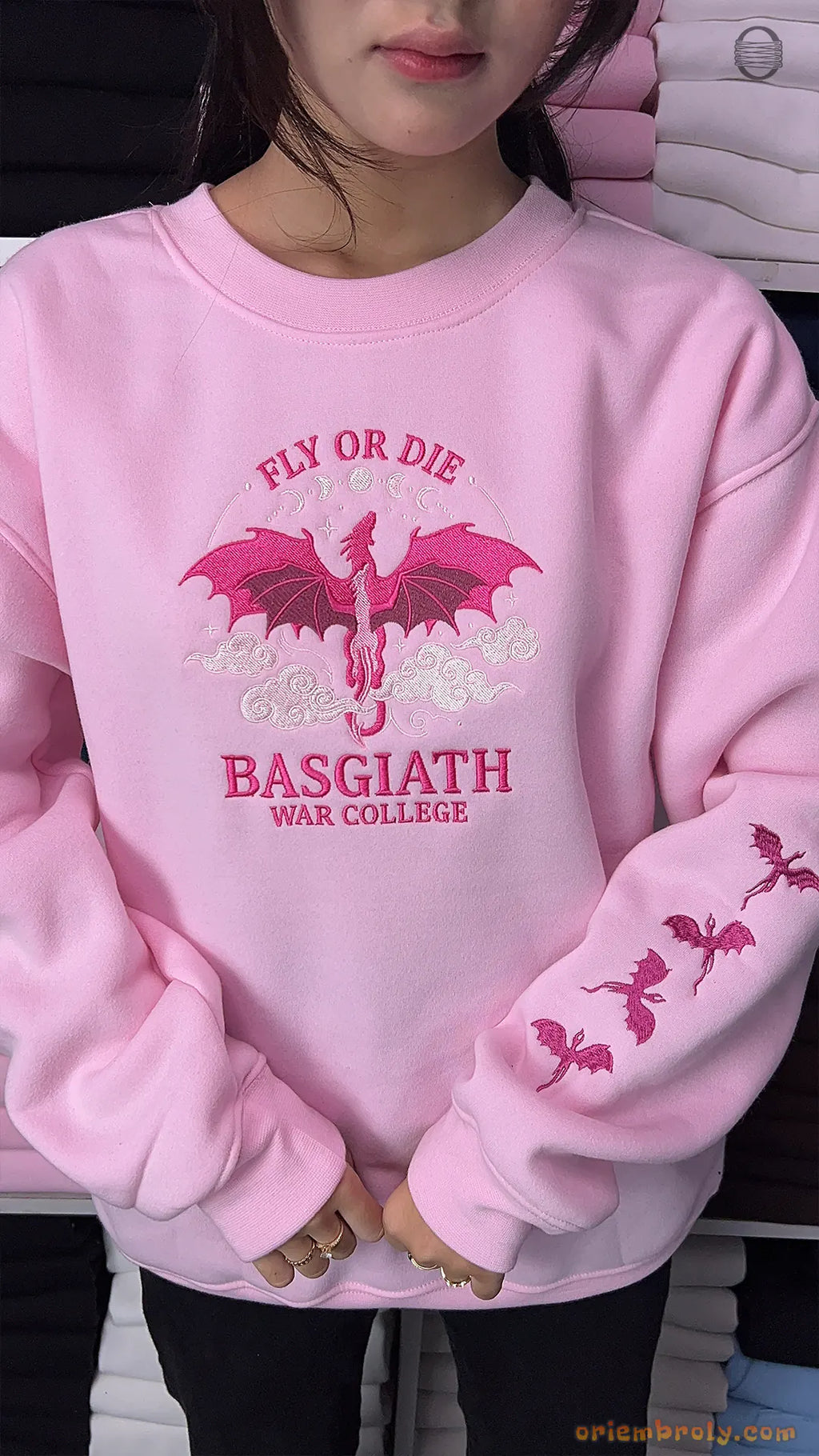 Fly Or Die Dragon Basgiath War College Embroidered Soft Pink Sweatshirt