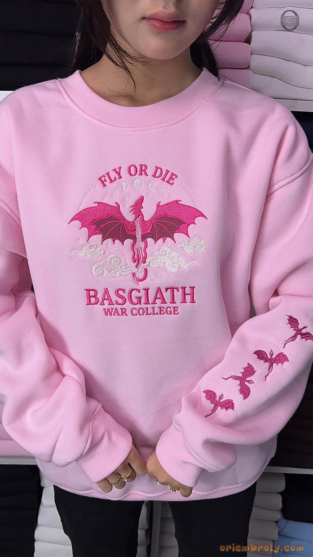 Fly Or Die Dragon Basgiath War College Embroidered Soft Pink Sweatshirt