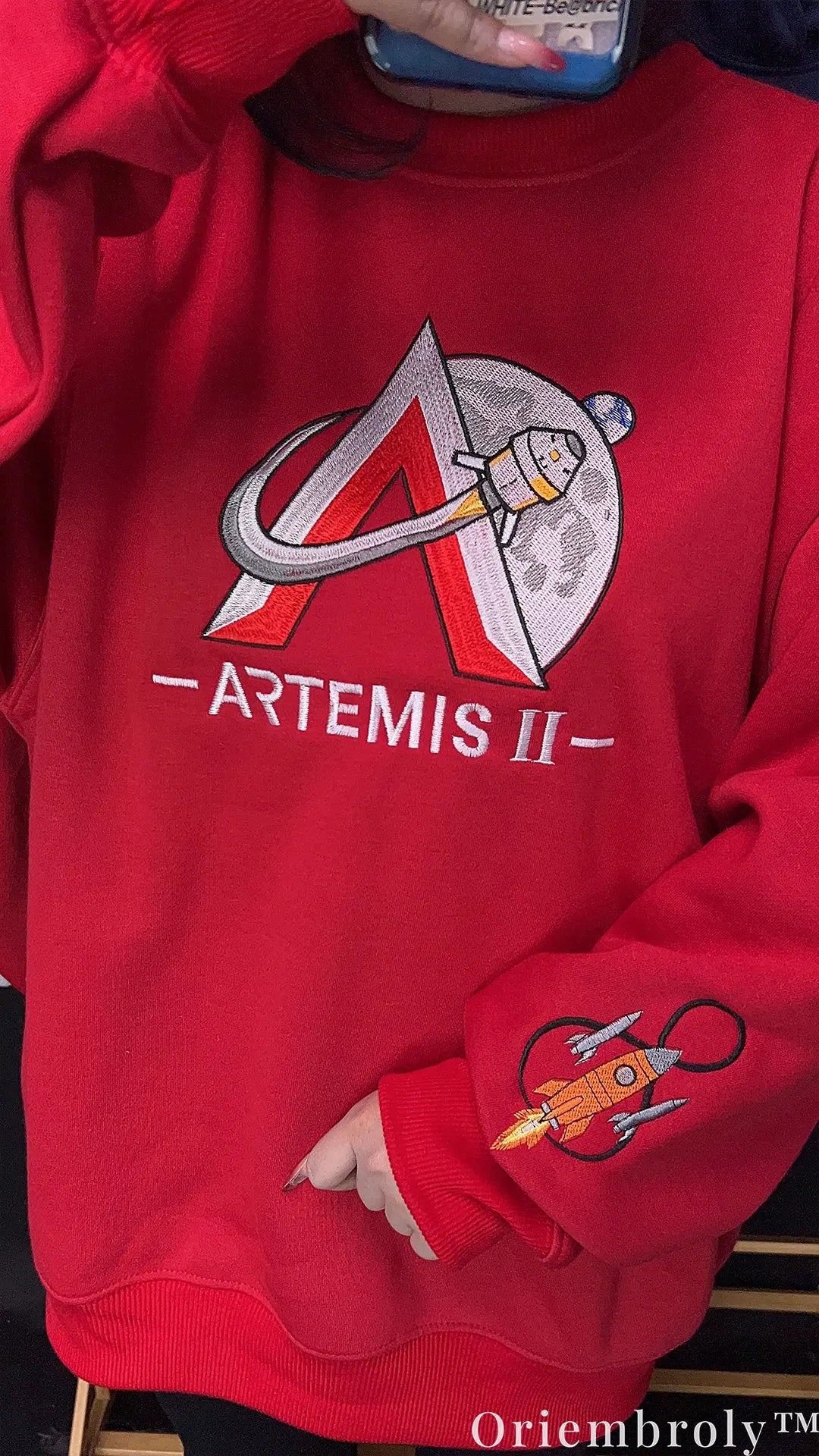 NASA Artemis II Embroidered Sweatshirt – Space Mission Crewneck, Red Pullover