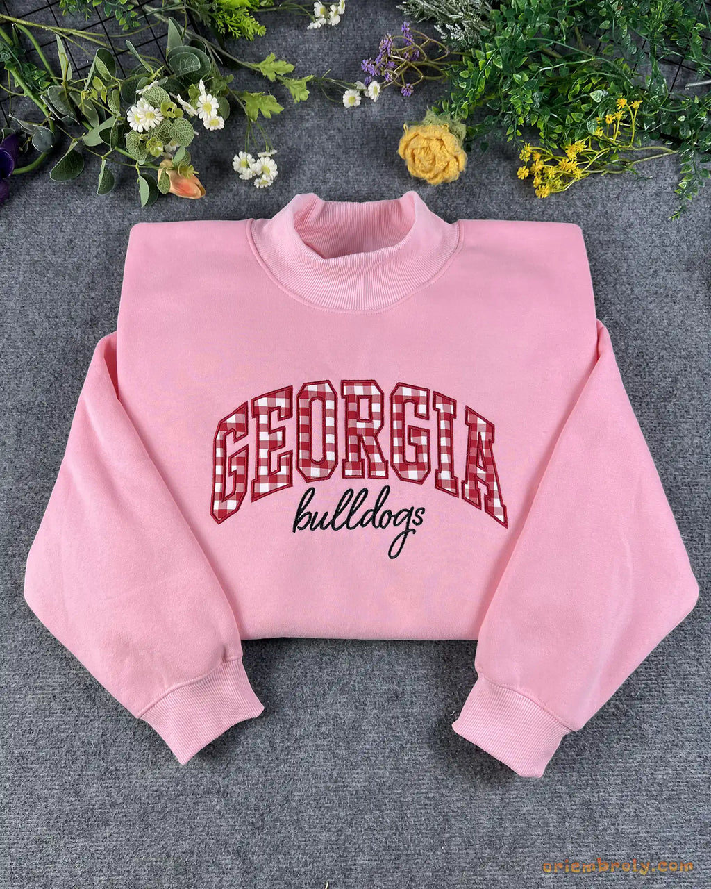 Georgia Bulldogs Game Day Gingham Embroidered Heather Grey Mock Neck Sweatshirt