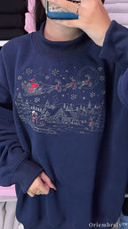 Vintage Christmas Winter Village Santa Sleigh Embroidered Mock-Neck Sweatshirt