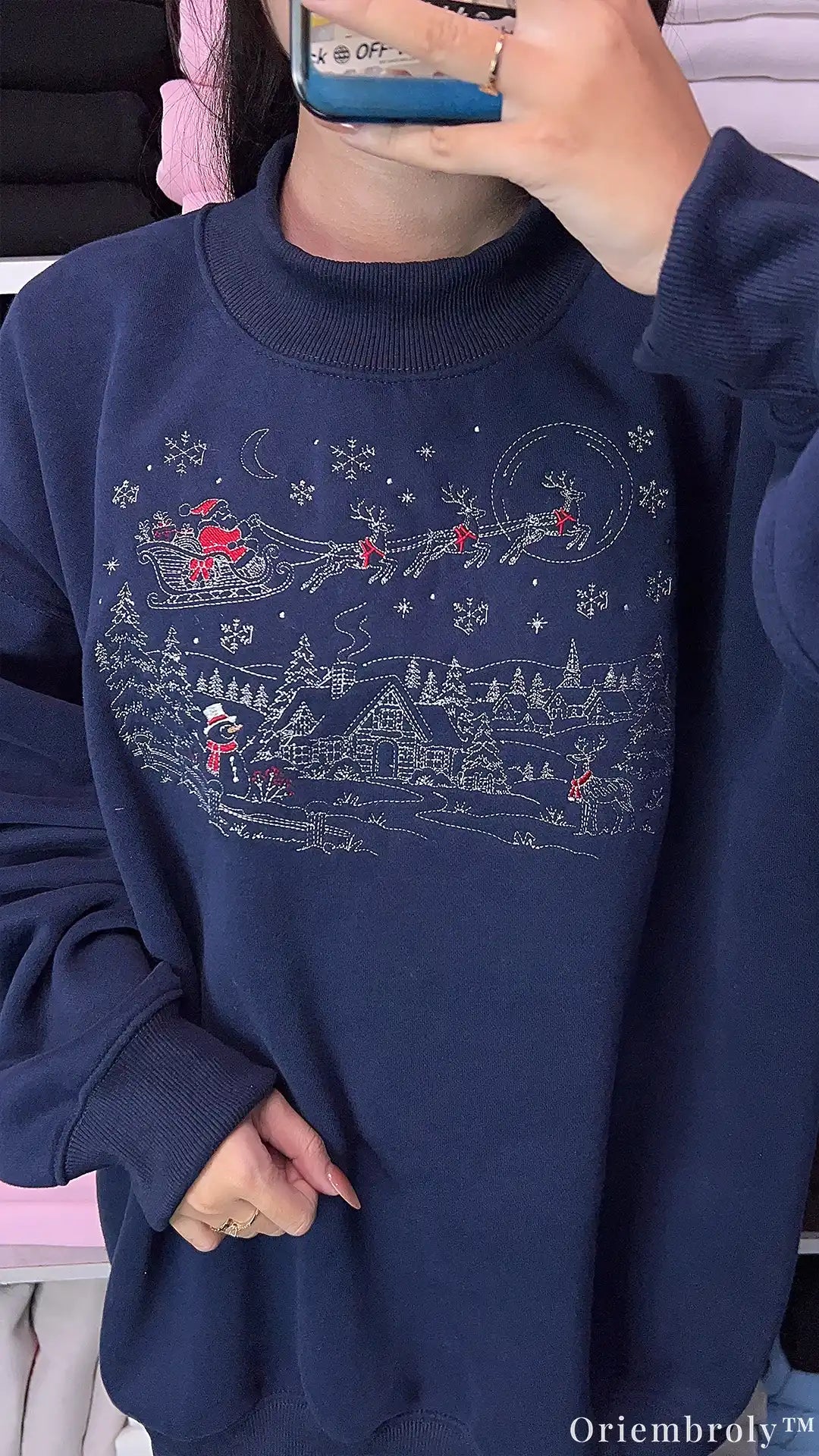 Vintage Christmas Winter Village Santa Sleigh Embroidered Mock-Neck Sweatshirt