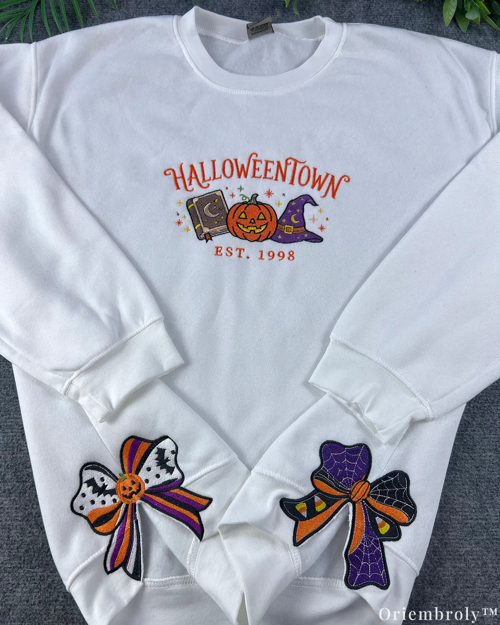 Side Bow Halloween Embroidered Sweatshirt – Vintage Witch Book Crewneck
