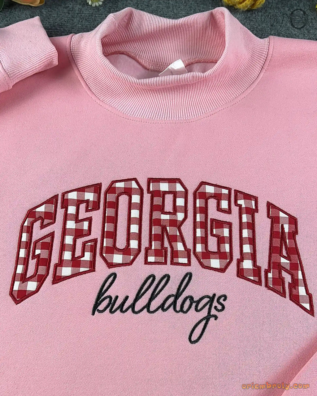 Georgia Bulldogs Game Day Gingham Embroidered Heather Grey Mock Neck Sweatshirt