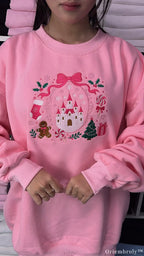 Fairytale Castle Pink Bow Ribbon Gingerbread Embroidered Sweatshirt