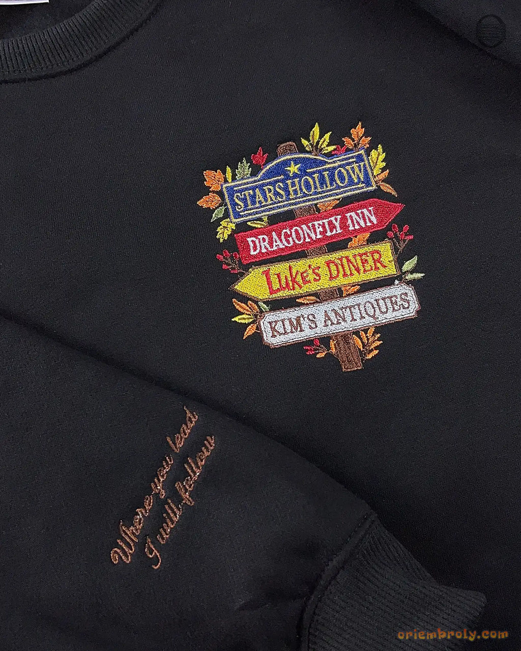 Stars Hollow Directional Signpost Embroidered Red and Black Crewneck Sweatshirt