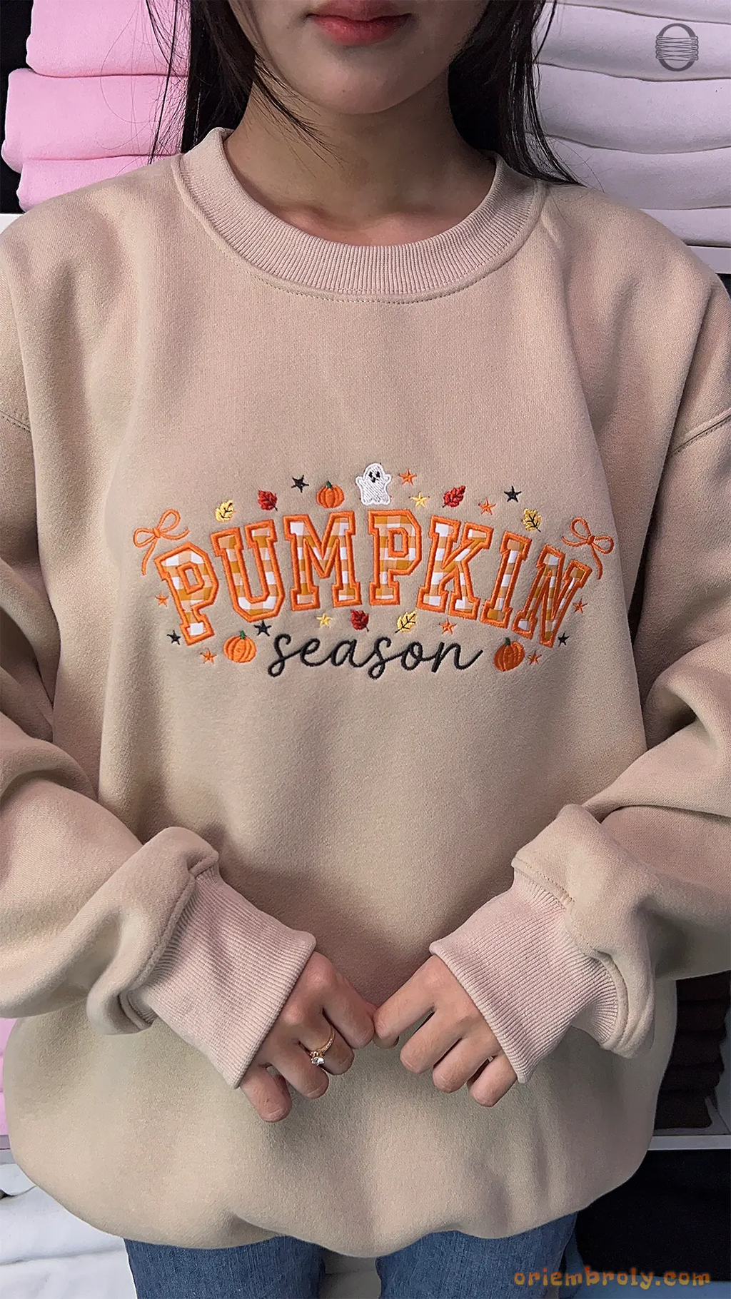 Pumpkin Season Gingham Patchwork Embroidered Dark Brown Crewneck Sweatshirt