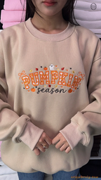 Pumpkin Season Gingham Patchwork Embroidered Dark Brown Crewneck Sweatshirt