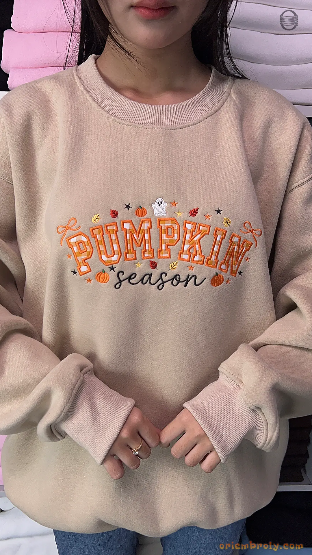 Pumpkin Season Gingham Patchwork Embroidered Dark Brown Crewneck Sweatshirt