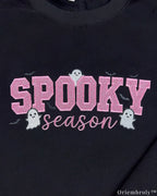 Spooky Season Pink Glitter Ghost Embroidered Black Crewneck Sweatshirt