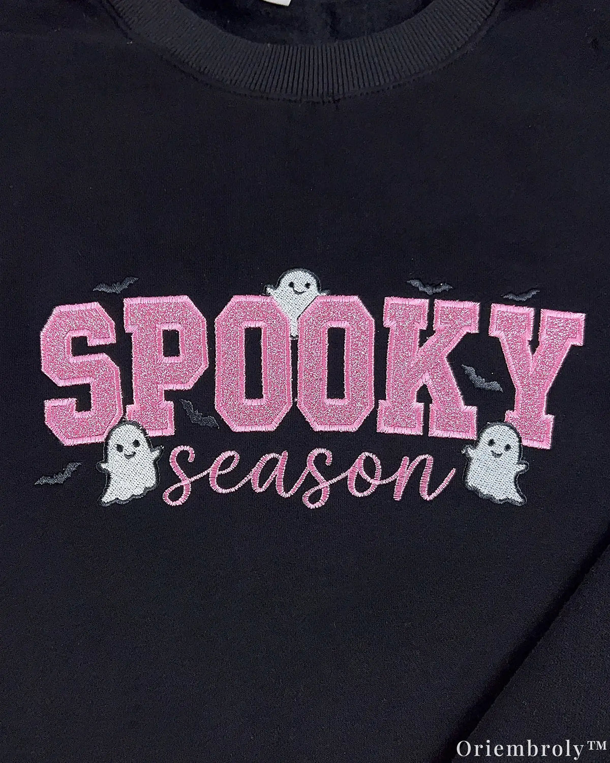 Spooky Season Pink Glitter Ghost Embroidered Black Crewneck Sweatshirt