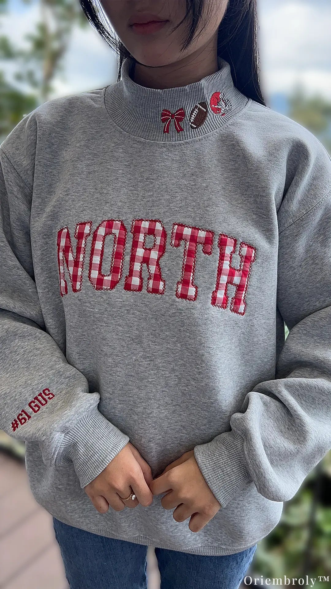 Custom Gingham Plaid Applique Football Embroidered Light Grey Mock Neck Sweatshirt